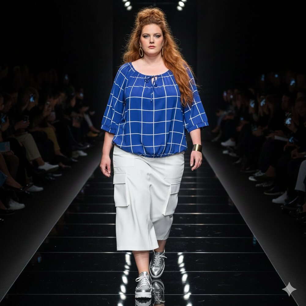 2XL Notations Blue‎ Grid Women's Blouse